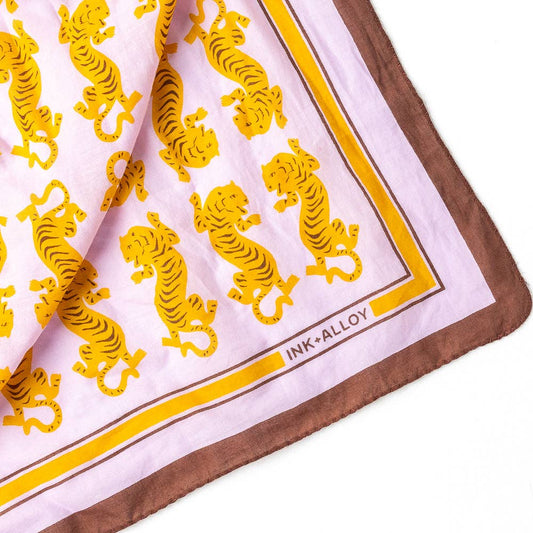 INK + ALLOY Olivia Square Scarf in lavender with yellow tiger print and brown border detail