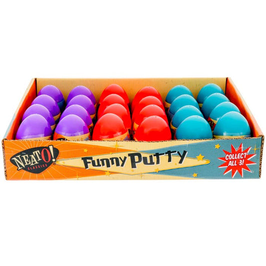 Toysmith Neato! Funny Putty display box containing 18 colorful silicone putty eggs in purple, red, and cyan