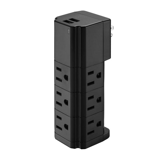 LAX Gadgets black tower surge protector with 9 outlets and 2 USB ports, vertical tower design