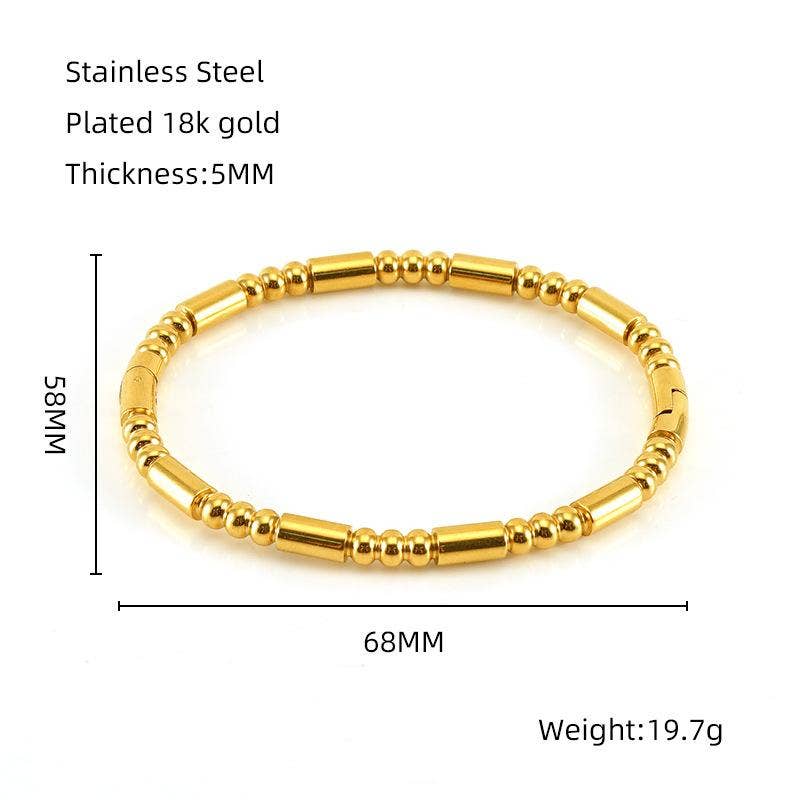 Introducing the Mio Queena - Multi-style 18K Gold-plated Stainless Steel Bangle - FGS by Mio Queena. Crafted from gold-colored stainless steel with 18K gold plating, this elegant bracelet measures 68mm in diameter and 5mm thick, and weighs 19.7g. Its timeless design features a combination of round and cylindrical beads—making it a perfect jewelry gift.