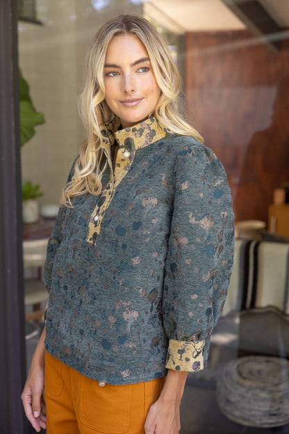 VOY - 37265 Quarter Button Color Contrast Floral  Jacqaurd Top
