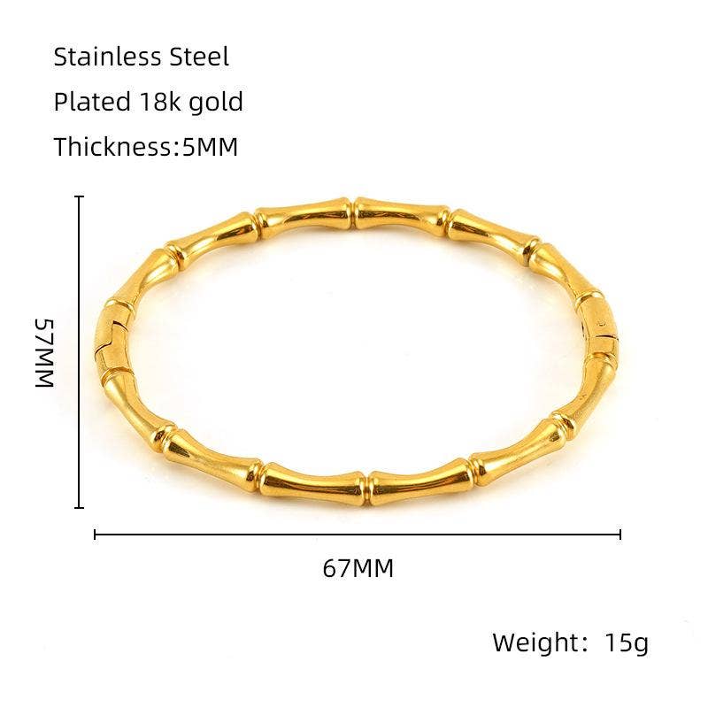 Introducing the Mio Queena - Multi-style 18K Gold-plated Stainless Steel Bangle (FGS), a bamboo-inspired bracelet from Mio Queena. Expertly crafted from durable stainless steel and finished with lustrous 18K gold plating, this bangle features a 67mm inner diameter, 75mm outer diameter, and a sleek 5mm thickness, weighing just 15g. Ideal as an elegant jewelry gift, it is beautifully showcased on a white background with product name, text, and measurements displayed beside the bracelet.