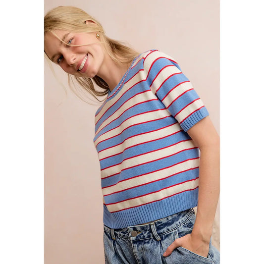 So Me Stripe Knit Crew Neck Short Sleeve Sweater Top