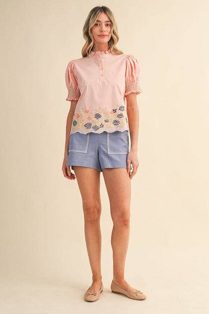 &MERCI - FLORAL EMBROIDERY SMOCKED PUFF SLEEVE TOP