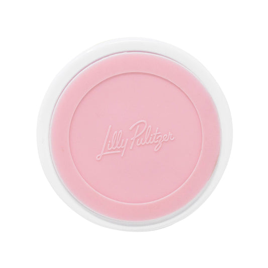 Pink bottom of Lilly Pulitzer Lilly Garden skinny can holder with white rim and embossed logo