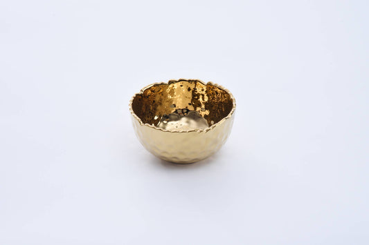 Gold hammered Pampa Bay snack bowl, front view on white background