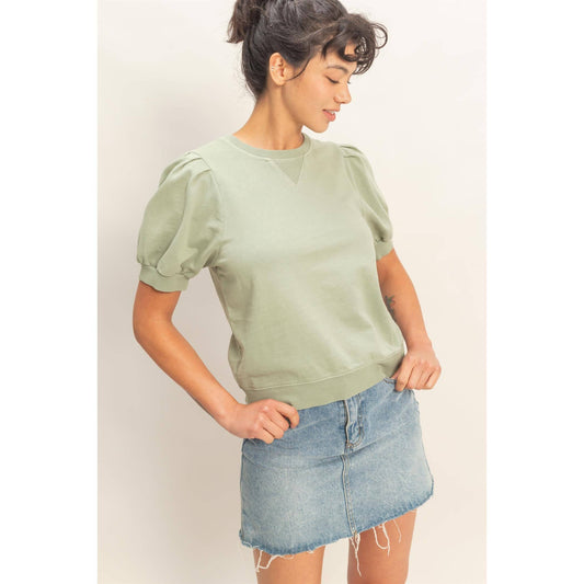 Double Zero Puff Sleeve V-Stitch Crew Neck Top in sage green with gathered puff sleeves and textured stitch detail