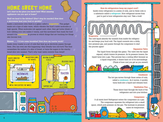 Interior spread of 100 Questions about How Things Work showing Home Sweet Home section with refrigerator diagram and colorful kitchen illustrations