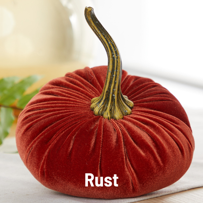 Crafted by Your Heart’s Content, the Pumpkin Large Velvet features plush rust-colored fabric and a lifelike green and yellow stem—making it an ideal Thanksgiving centerpiece or handcrafted fall mantel décor. The word “Rust” appears at the bottom of the image.
