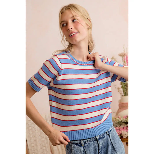 So Me Stripe Knit Crew Neck Short Sleeve Sweater Top