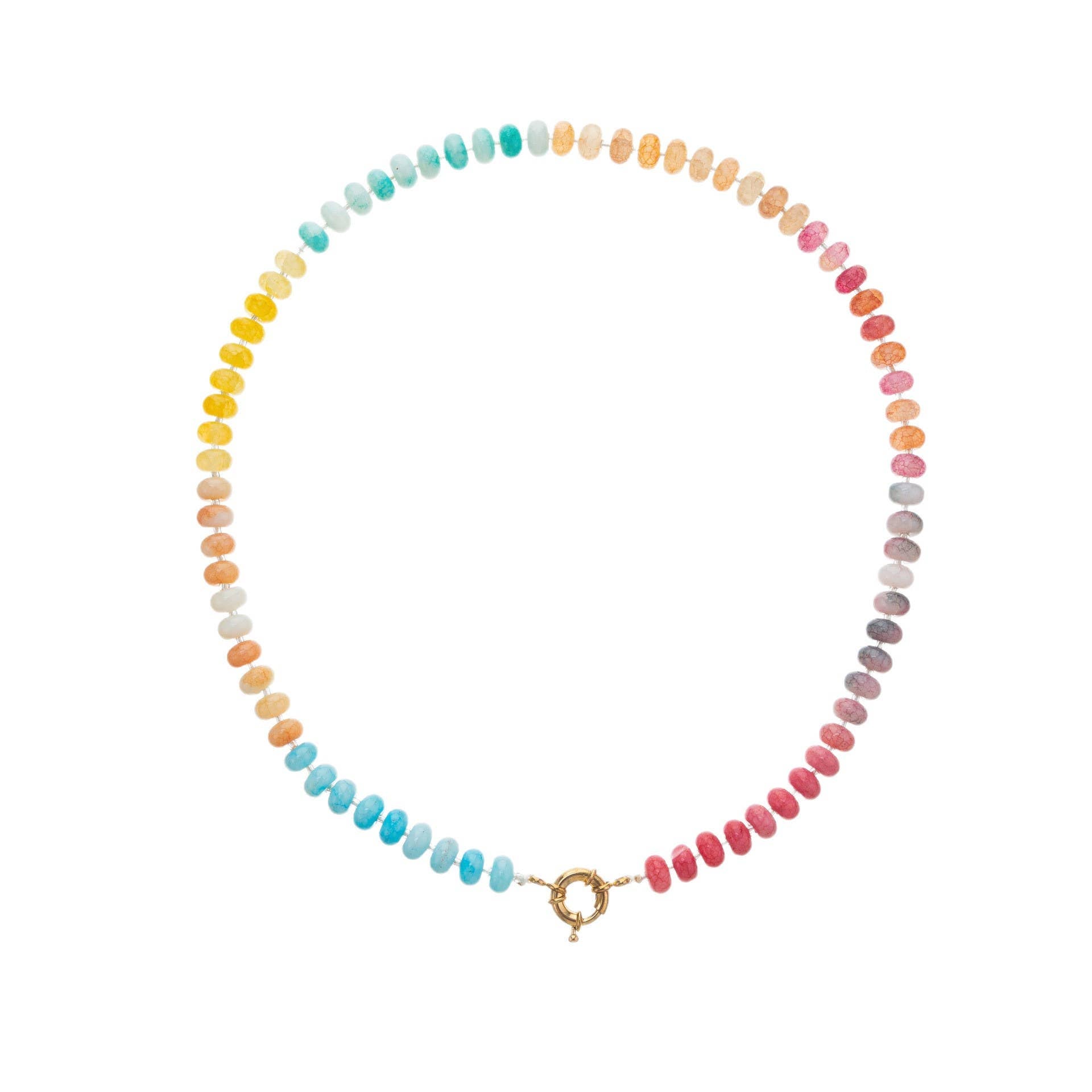 JOSSLYN by wall to wall rondelle-cut beaded necklace in turquoise, yellow, pink, and neutral tones with gold clasp