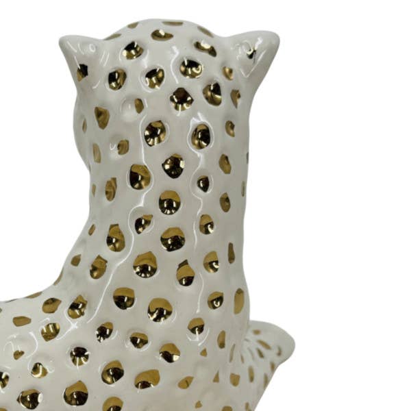 Sagebrook Home - Figurine White/Gold Ceramic Leopard Lying Down, 10 in.