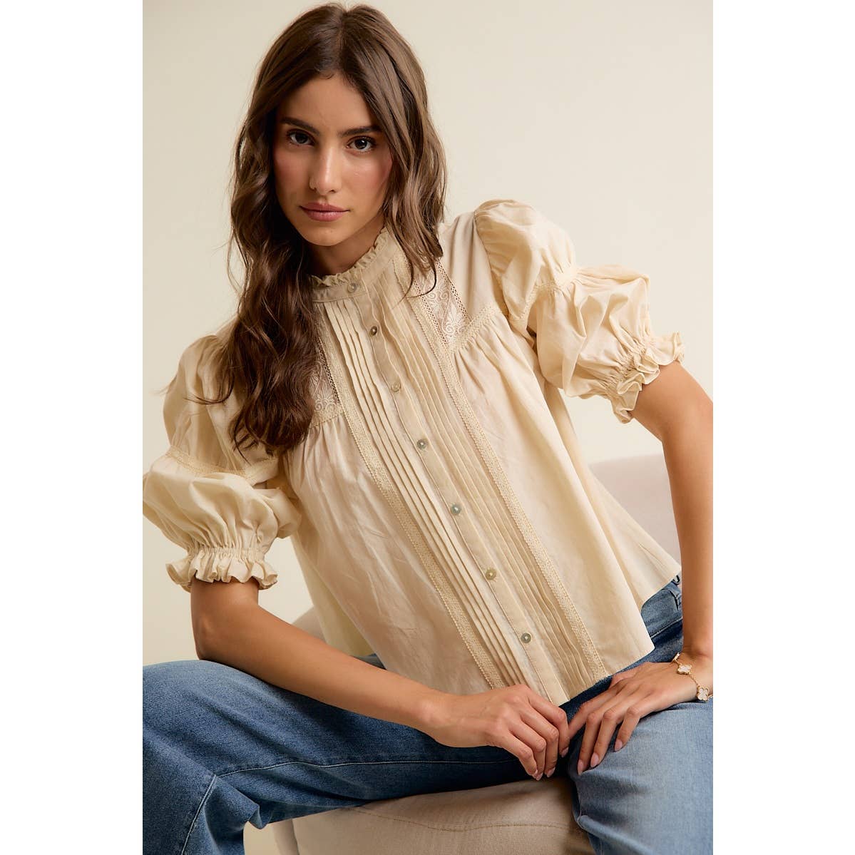 So Me - LACE PINTUCK BUTTON SHORT SLEEVES COTTON BLOUSE TOP