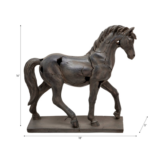 Sagebrook Home resin horse sculpture with textured cracked finish, side view with dimensions