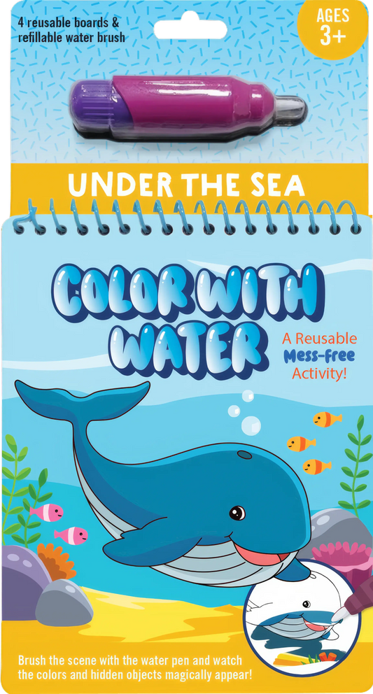 Color With Water Under the Sea product packaging showing magenta water pen, spiral-bound reusable board with whale illustration, and ocean scene