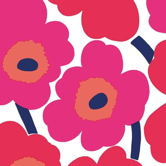 Boston International Marimekko Unikko paper cocktail napkins pack featuring bold magenta and coral flowers with navy centers on white