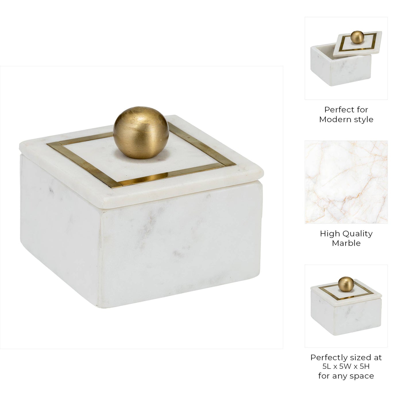 Sagebrook Home - Marble Modern Storage Box with Removable Lid - White, 5 in.