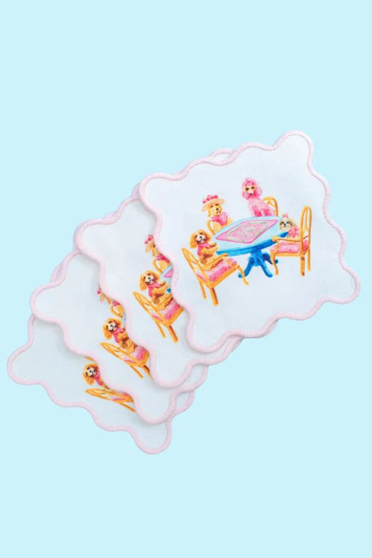 Taylor Paladino Dogs Playing Mahjong Cocktail Squares with pink wavy edges on light blue background