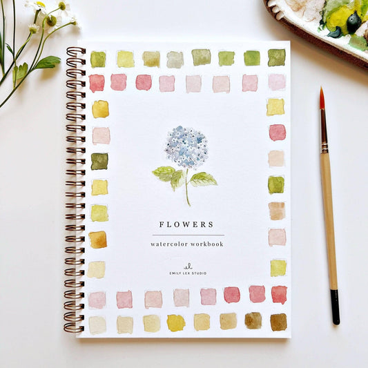 Emily Lex Studio Flowers watercolor workbook cover with blue hydrangea, color swatches, and spiral binding