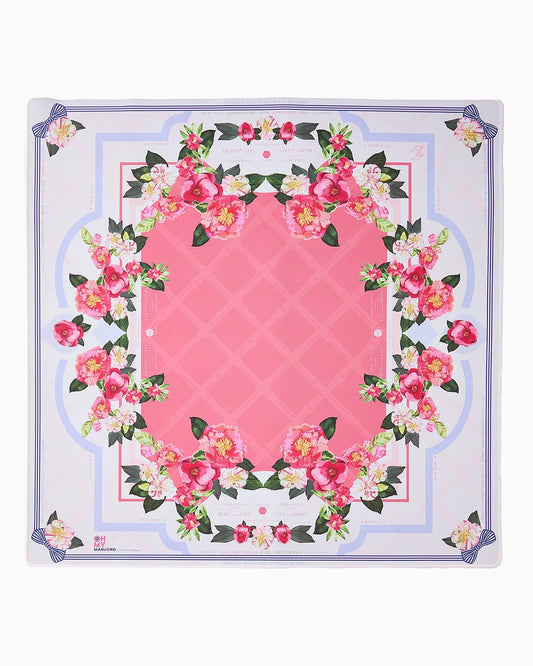 Oh My Mahjong Camellia Mat with pink center, lavender border, and pink and white camellia floral design