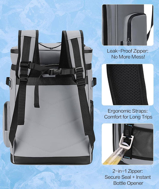 VIGOR cooler backpack detail view showing leak-proof zipper, ergonomic straps, and 2-in-1 bottle opener features