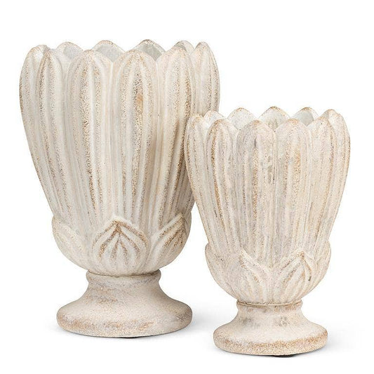 Abbott tulip-shaped vases in cream stone finish, two sizes displayed together