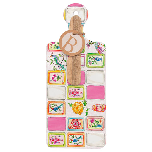 Boston International Mahjong Pink CUTErie Cheese Board with colorful ceramic tiles, wooden spreader, and handle with pink accents