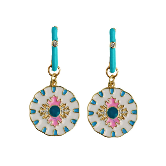 St Armands Designs Capri Tile enamel statement earrings with turquoise post, cream and pink floral tile charm