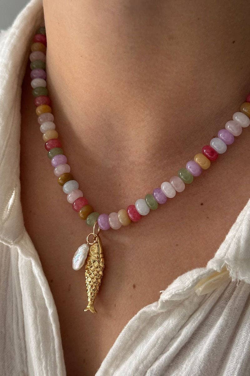 Multicolor Beaded Fish Charm Necklace