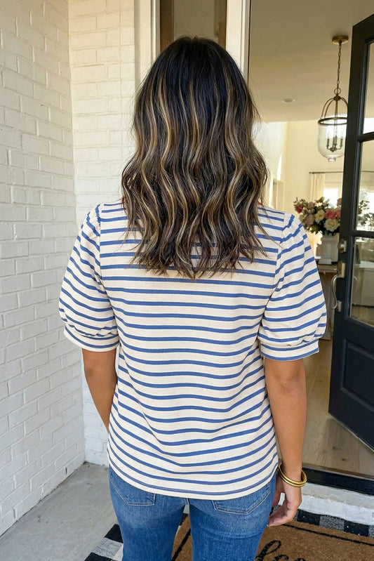 LA Society Stripe Color Block Polo Collar Blouse back view showing blue and white stripe pattern