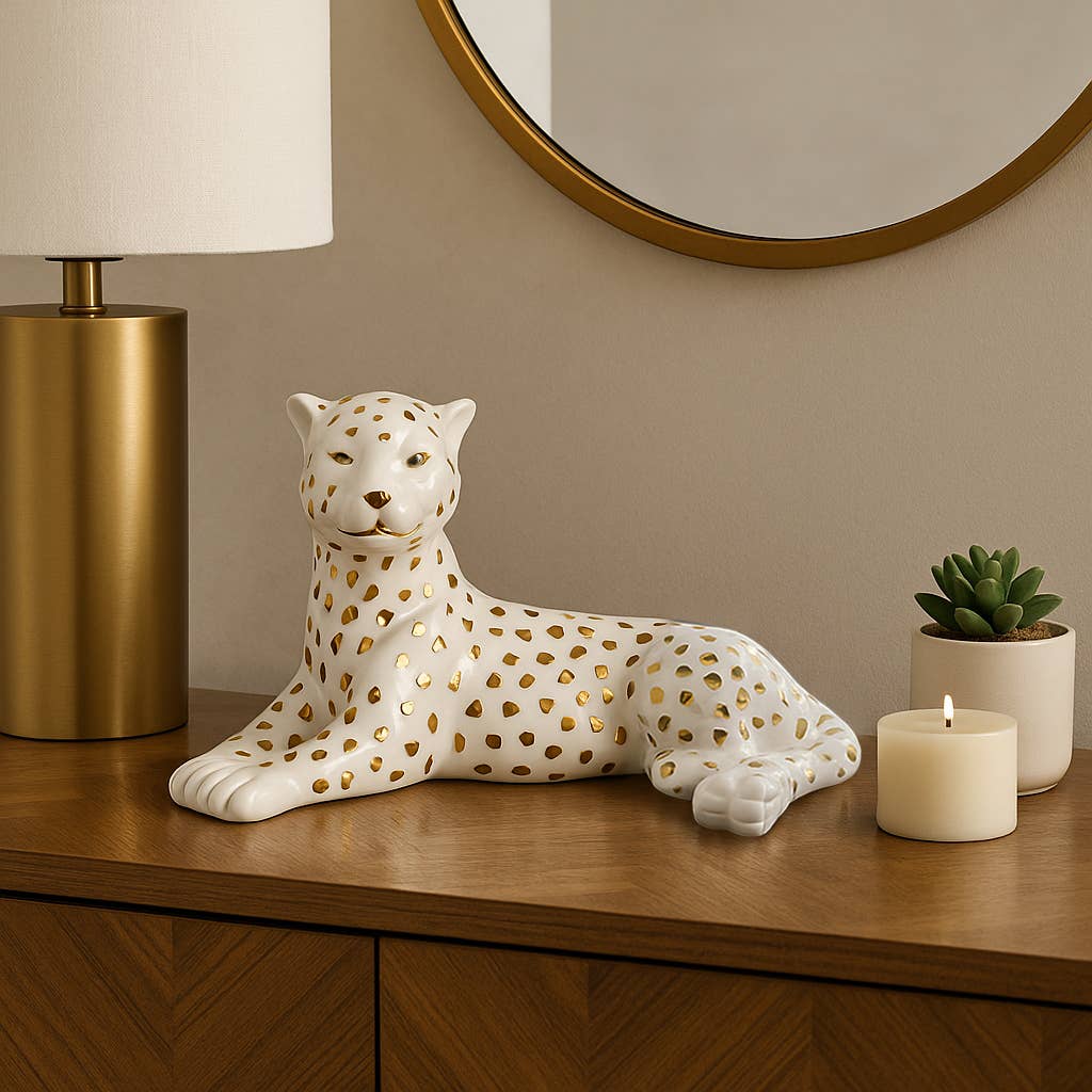 Sagebrook Home - Figurine White/Gold Ceramic Leopard Lying Down, 10 in.