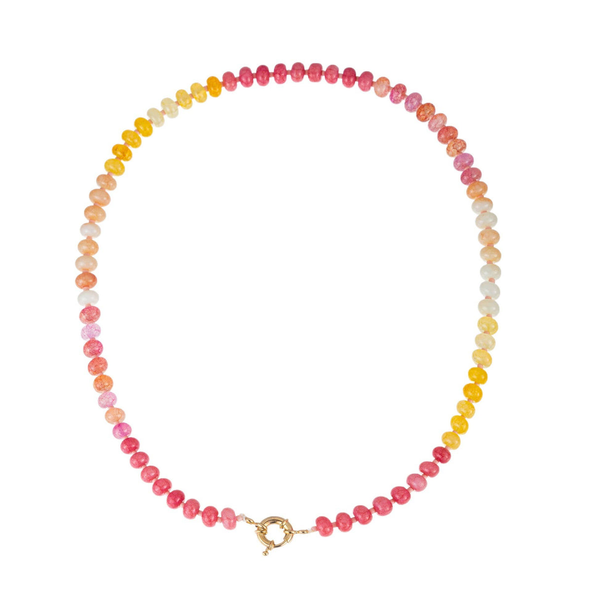 JOSSLYN by wall to wall ombré beaded necklace transitioning from pink to red to yellow to white with gold closure