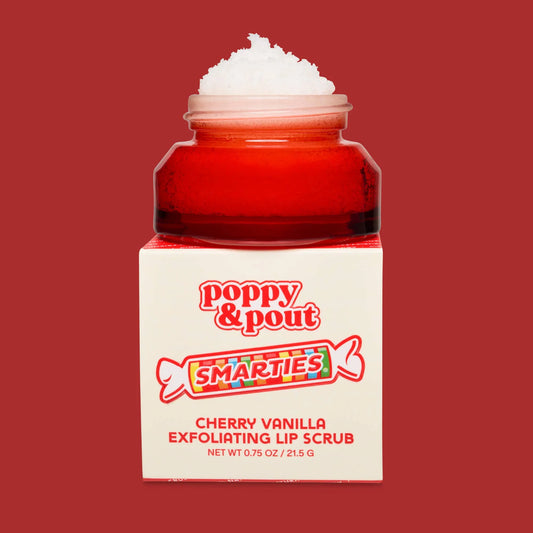 Poppy & Pout Cherry Vanilla Smarties exfoliating lip scrub in red jar with white lid