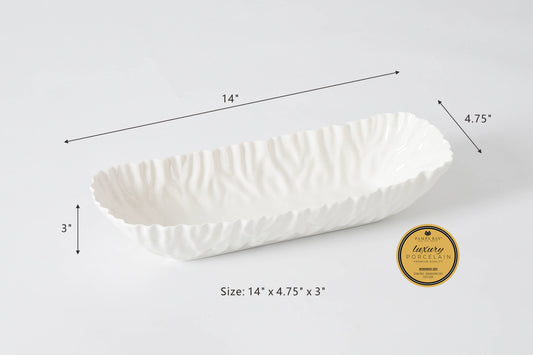 Pampa Bay cracker tray with dimensions marked (14" x 4.75" x 3"), white with textured rippled design
