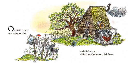 The Little Red Hen book spread showing countryside cottage, mailbox, and story opening text illustration