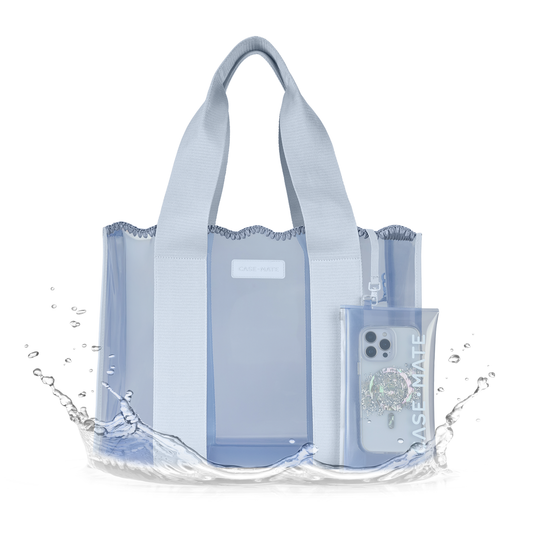 Case-Mate Carolina Blue Crochet Wave Jelly Tote front view with scalloped edges and water splash