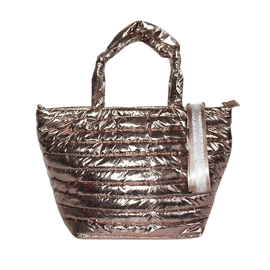Lemonbella Gold Metallic Puffer Tote Shoulder Bag with ruched quilted gold finish, front view