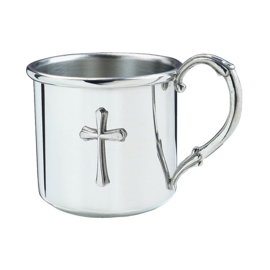 Salisbury Easton Cross Baby Cup in pewter with embossed cross design and curved handle