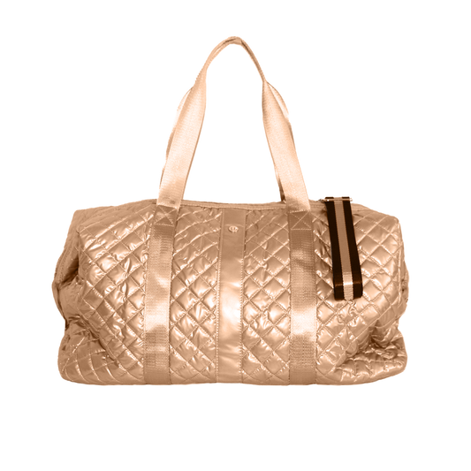 Lemonbella Copper Diamond Weekender Duffle in rose gold quilted material with dual handles