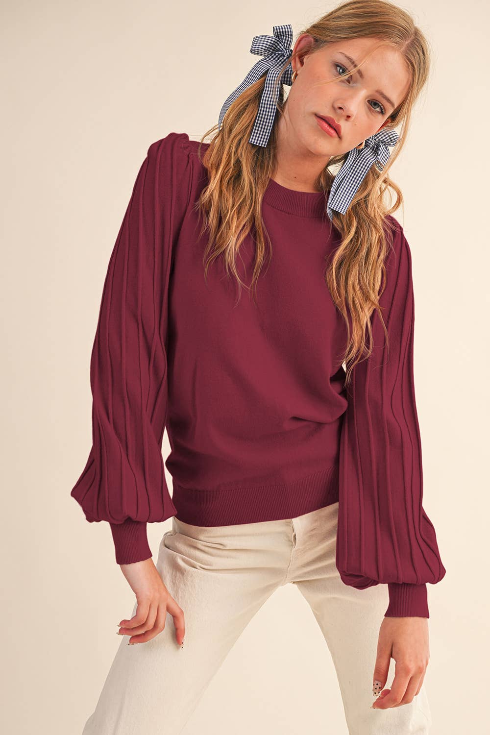 &MERCI - STRIPE TEXTURE PUFF SLEEVE SWEATER MSW9485