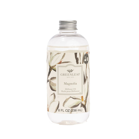 Greenleaf Gifts Magnolia Diffuser Refill Oil, 8 FL OZ clear bottle with silver cap and cream botanical leaf label