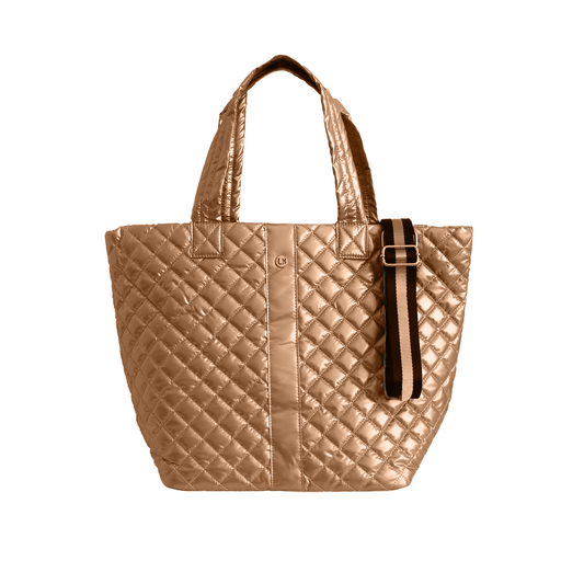 Lemonbella Glossy Copper Diamond Tote Shoulder Bag, champagne quilted nylon with dual handles and center stripe