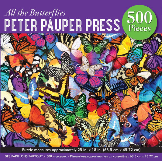 Peter Pauper Press All the Butterflies 500 Piece Jigsaw Puzzle box showing vibrant multicolored butterflies on dark background