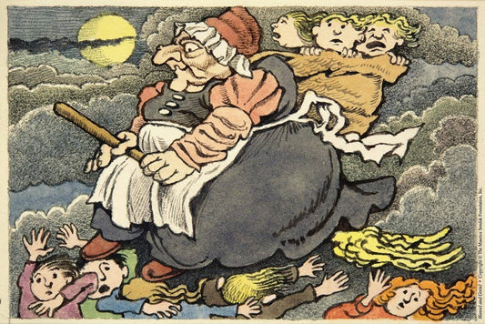 Hansel and Gretel Maurice Sendak illustration showing witch flying over clouds with full moon and children below