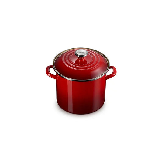 Le Creuset 8qt stockpot in red enameled cast iron with matching domed lid and handles