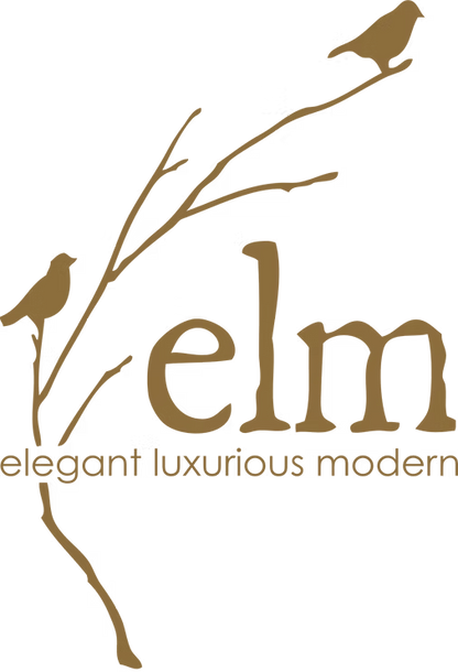Featuring a brown silhouette of two birds perched on branches, with bold "ELM" lettering and the phrase "elegant luxurious modern" beneath, this white-background design by MS Artist Eileen Morrison lends unique artistry to the minimalist ELM Handpainted Gold Water Glass by ELM.