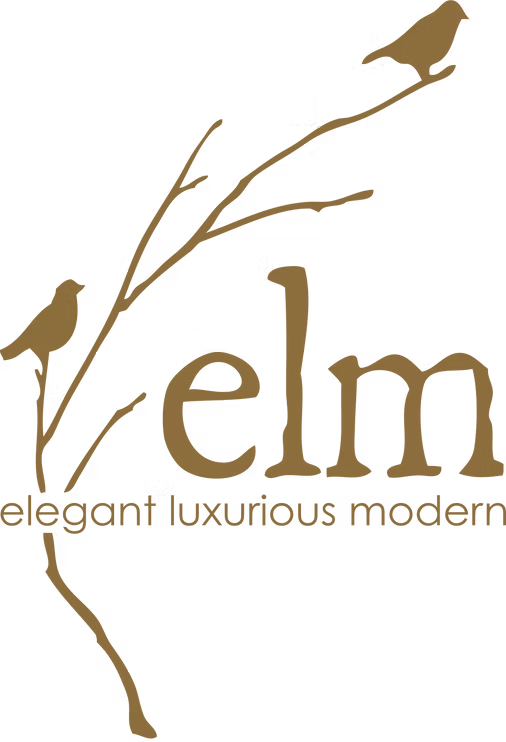 Featuring a brown silhouette of two birds perched on branches, with bold "ELM" lettering and the phrase "elegant luxurious modern" beneath, this white-background design by MS Artist Eileen Morrison lends unique artistry to the minimalist ELM Handpainted Gold Water Glass by ELM.