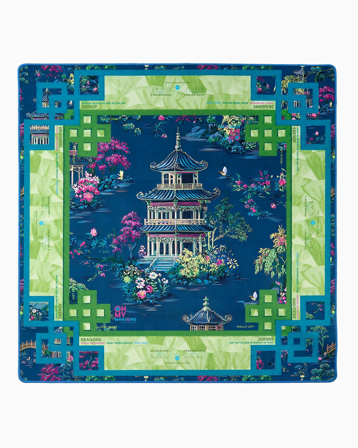 Introducing the Oh My Mahjong Elysium Mat in Tube by Oh My Mahjong—a square mat adorned with a blue and green border, showcasing an intricate Asian-inspired pagoda design surrounded by pink flowers, lush greenery, butterflies, and decorative text details; a vibrant and ornate piece reminiscent of a decorative gaming mat.