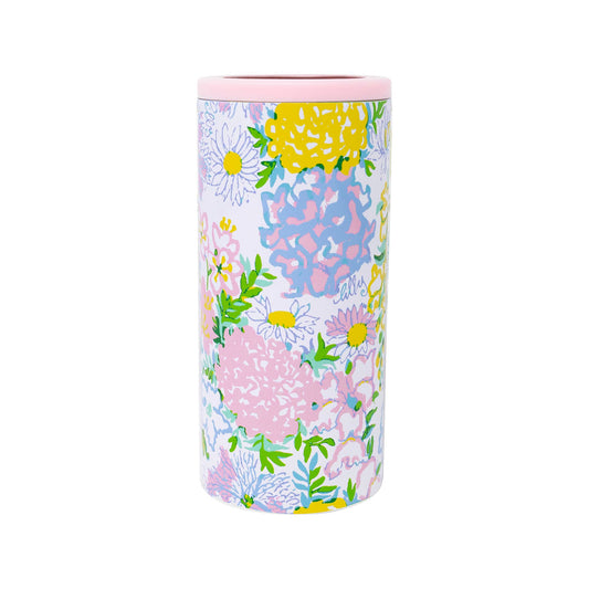 Lilly Pulitzer Lilly Garden skinny can holder with colorful floral and geometric pattern in pink, purple, yellow, and blue
