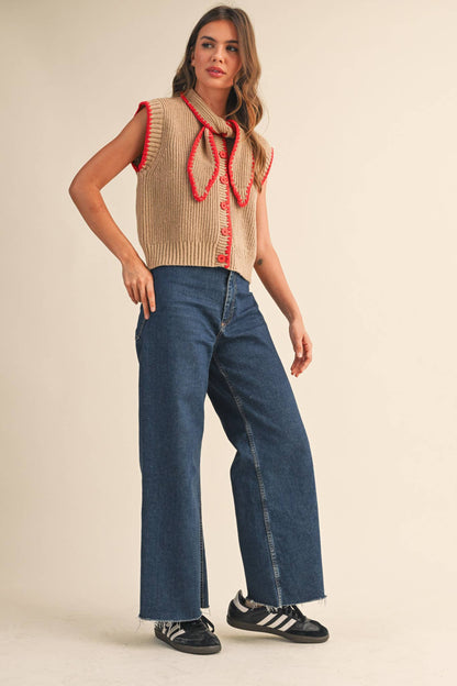 &MERCI - TIE NECK SWEATER VEST WITH CONTRAST BLANKET STITCH MSW11059
